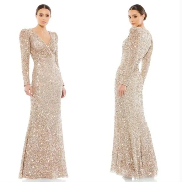 Mac Duggal Shimmering Gold Puff Shoulder Sequined Surplice Gown Dress Size 6 - Picture 10 of 10